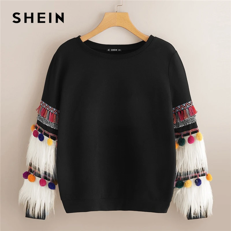 SHEIN Свитшот С Меховой Отделкой, Стильный Свитшот С Отделкой Из Эко Меха И Длинными Рукавами