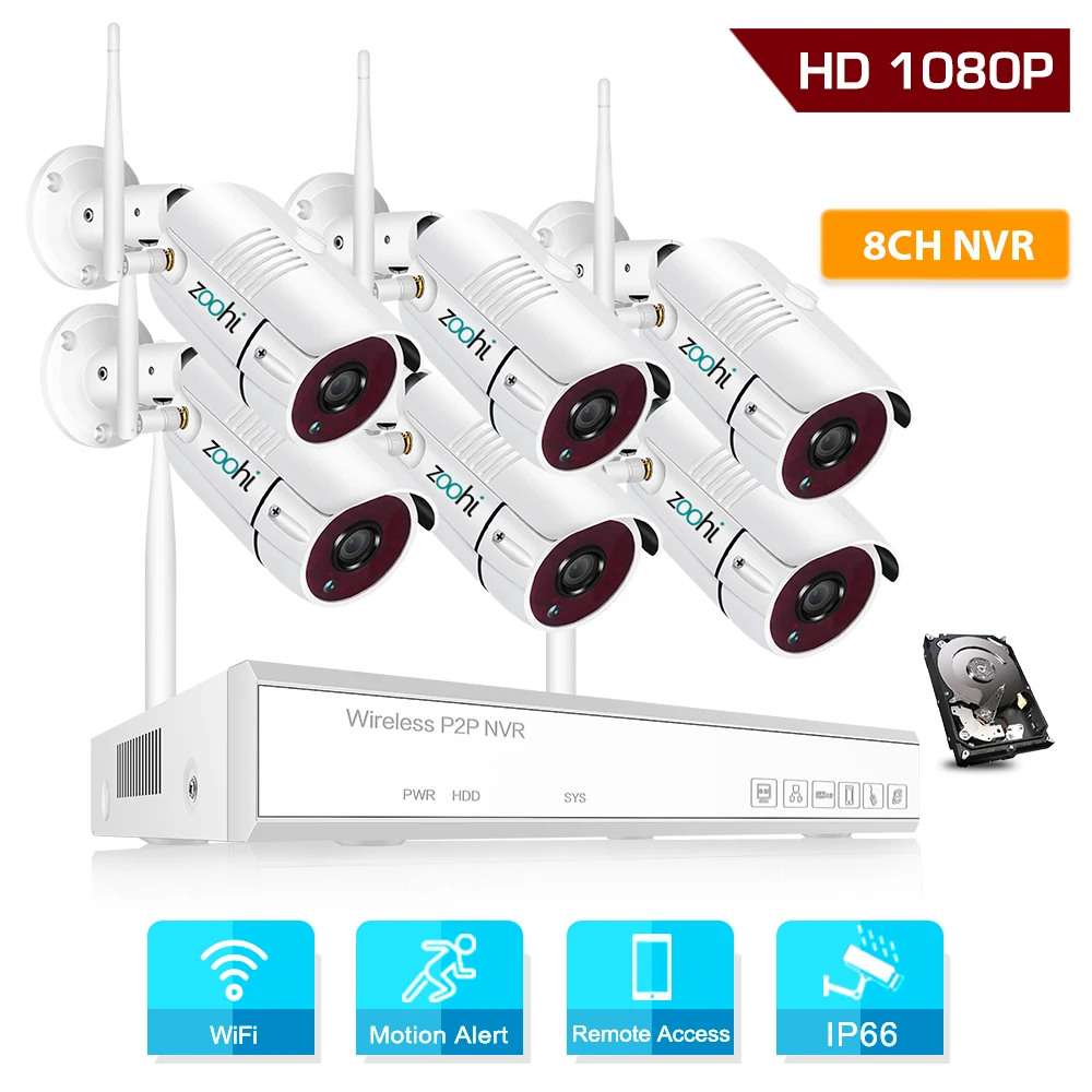 Zoohi 1080 P HD Беспроводной безопасности Камера Системы 6CH 2.0MP Wi-Fi видеокамера с Камеры Скрытого видеонаблюдения Системы Наборы IP66 открытый Ночное видение