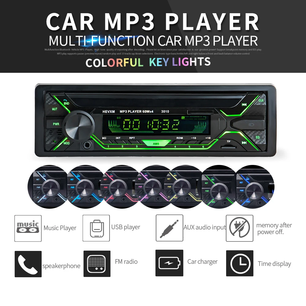 12 В Bluetooth Стерео FM Радио MP3 аудио беспроводной плеер U диск карта машина с пультом дистанционного управления и красочным светильник кнопка