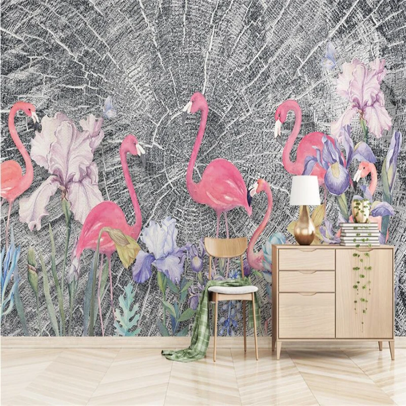 

Nordic Mural Wallpapers Pink Firebirds Wallpaper for Walls 3D Wood Textures Wall Covering Living Room Home Decor Flower TV Wall
