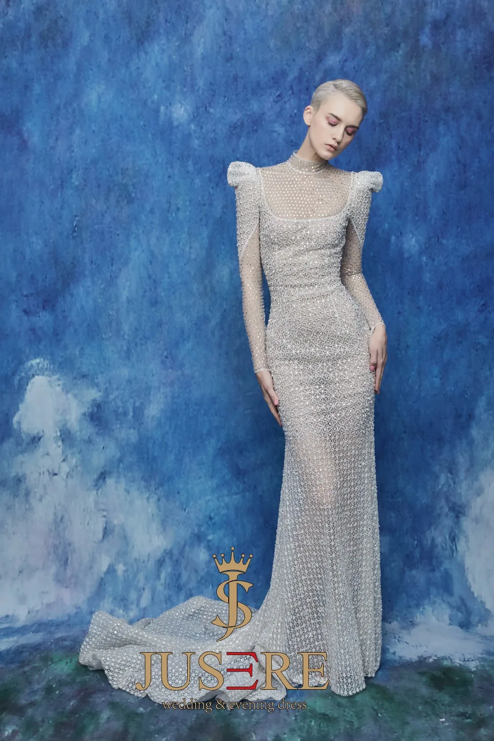 JUSERE FASHION SHOW High Collar Ivory Mermaid Wedding Dress Long Sleeve Beadeds Sweep Train Bridal Gowns Robe De Mariage | Свадьбы и