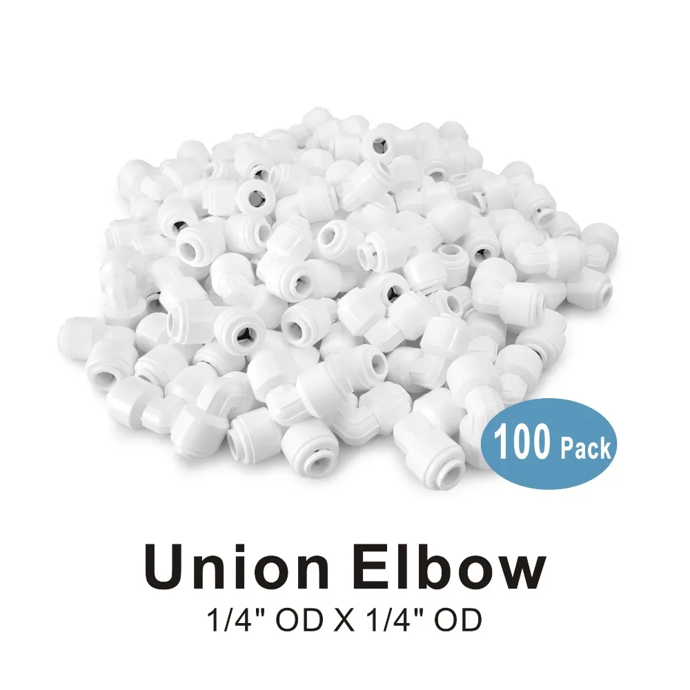 100 PACK OF Quick Connectors 1/4" Union Elbow Fitting Connection for Water Filters and RO Reverse Osmosis Systems |