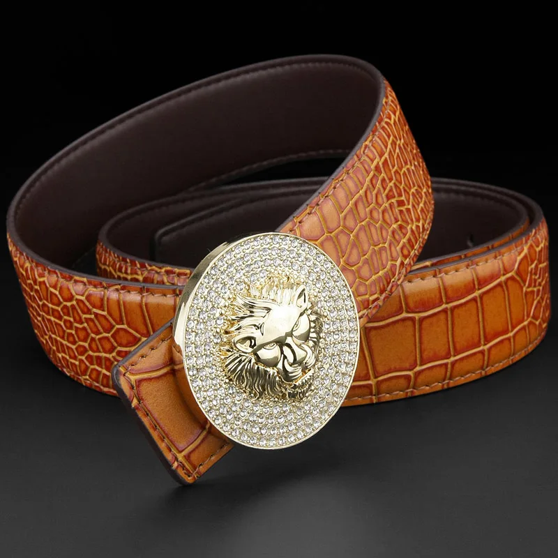 Brown Golden-buckle Мужская модная дизайнерская Роскошная Пряжка из металлического сплава пояс со львом пояс из коровьей кожи широкий пояс высокого качества Ceinture Homme - Цвет: Brown Golden-buckle