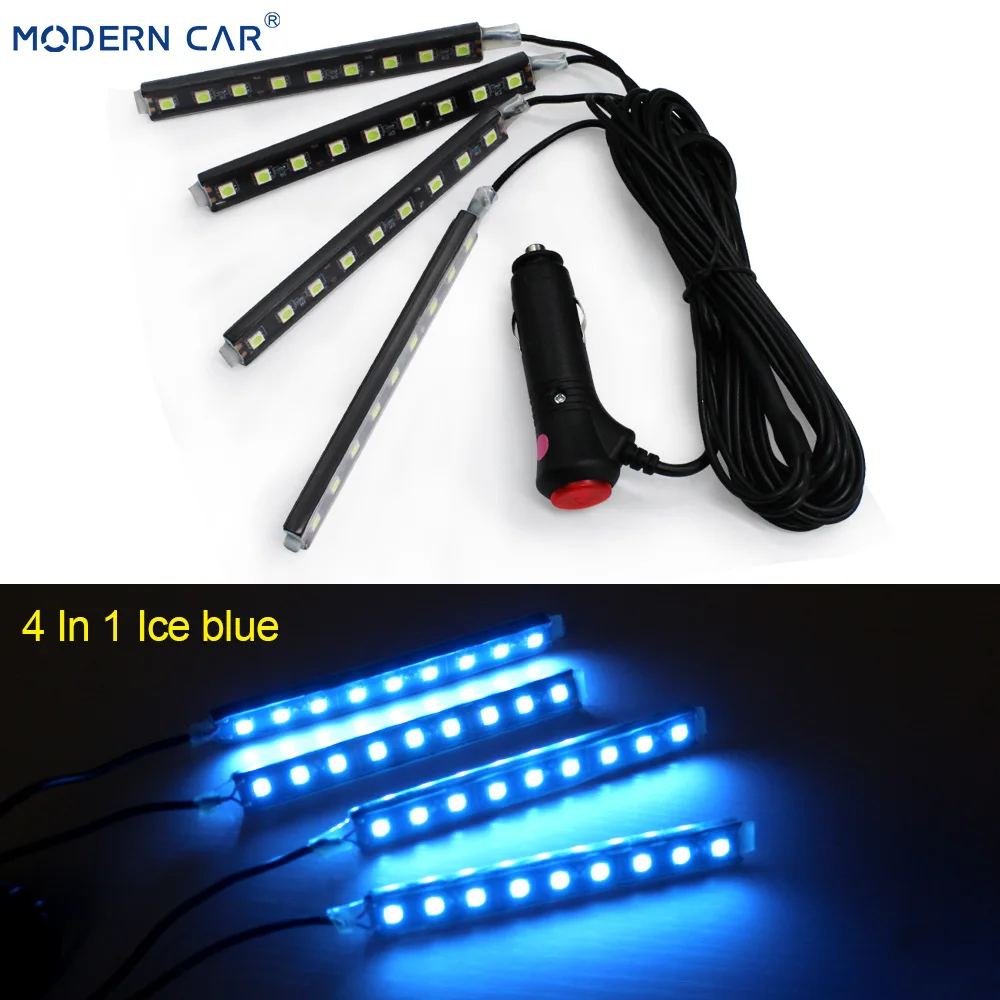 4 In 1 Ice-blue Современный автомобильный 9 светодиодный 2/4 в 1 интерьерный 5050 атмосферный свет тире пол ноги полосы света адаптер прикуривателя декоративная лампа - Испускаемый цвет: 4 In 1 Ice-blue