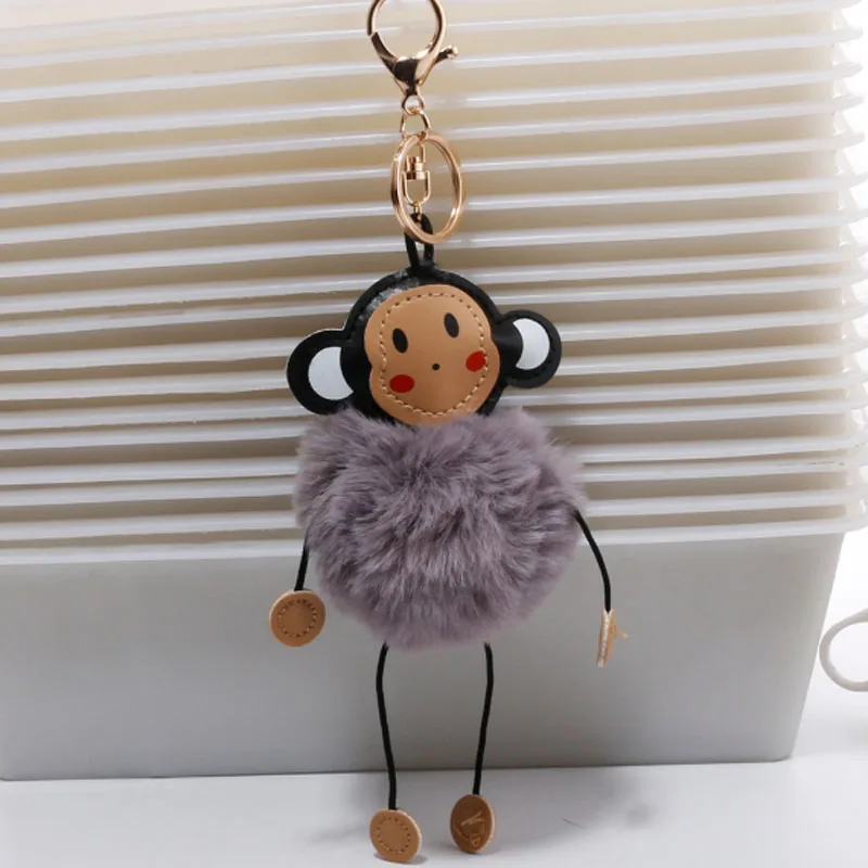 

Cute Monkey Keychain Faux Rabbit Fur Ball Keyring Fluffy Key Chain Porte clef pompom Bag Car Keyring Jewelry QS1815