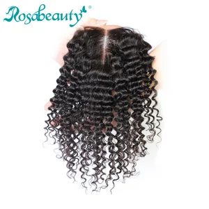 Rosabeauty человеческие волосы на шнурке глубокая кудрявая волна закрытие 4x4 Siwss кружева отбеленные узлы свободныйсреднийтри части 8-20 дюймов Remy