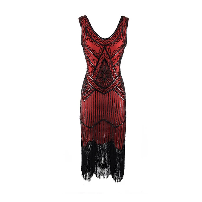 Женское вечернее платье 1920 s, отличная Хлопушка в стиле Гэтсби, Vestidos, блестки, бисер, бахрома, вечернее платье с v-образным вырезом, украшенное бахромой, без рукавов - Цвет: Red and black