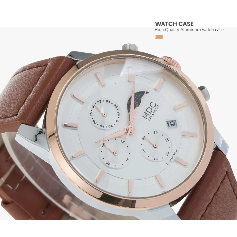 Часы хронограф мужские под розовое золото с кожаным ремешком|Кварцевые часы| |