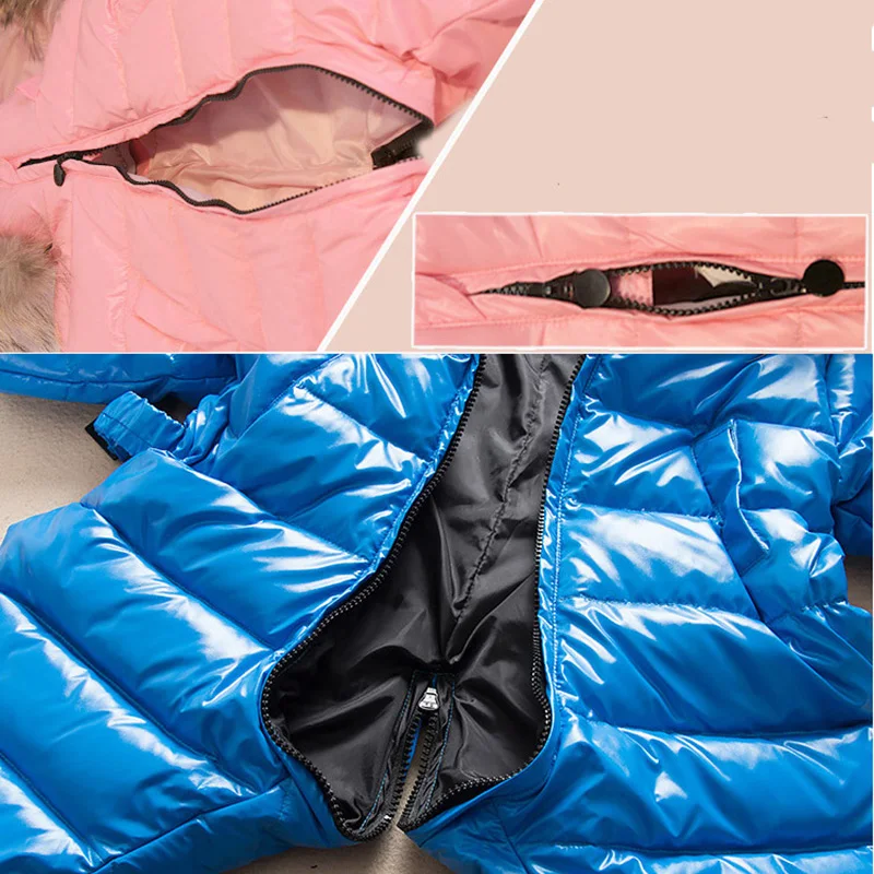 

2018 new solid Boy girl snowsuit windproof hooded suit for girl winter fashion fur baby winter snowsuit warm down overalls C87