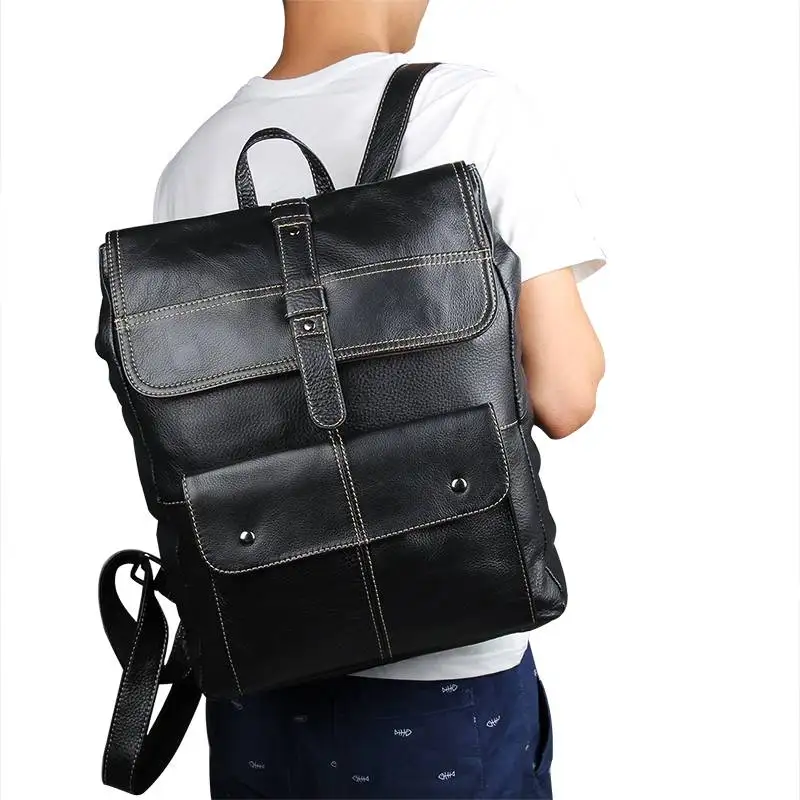 

Мужской черный рюкзак из бычьей кожи, школьные сумки для подростков, дорожный вместительный рюкзак для ноутбука 15 дюймов, модный мужской рю...
