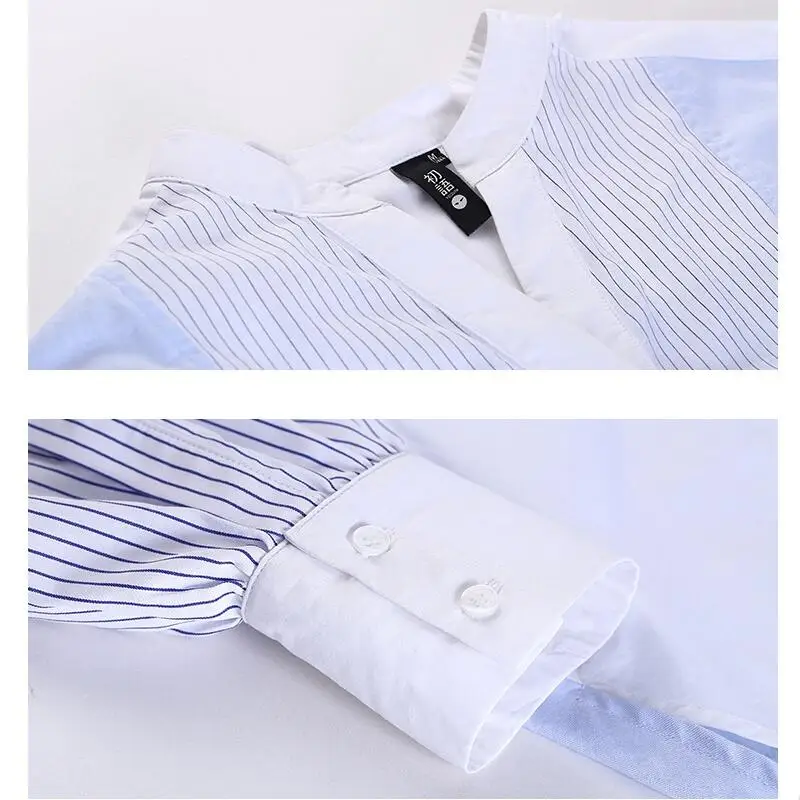 Toyouth Autumn Loose Cotton Blue Striped Blouses Women V Neck Spliced Korean Blusas Casual Office Ladies Tops Camisas Mujer| |