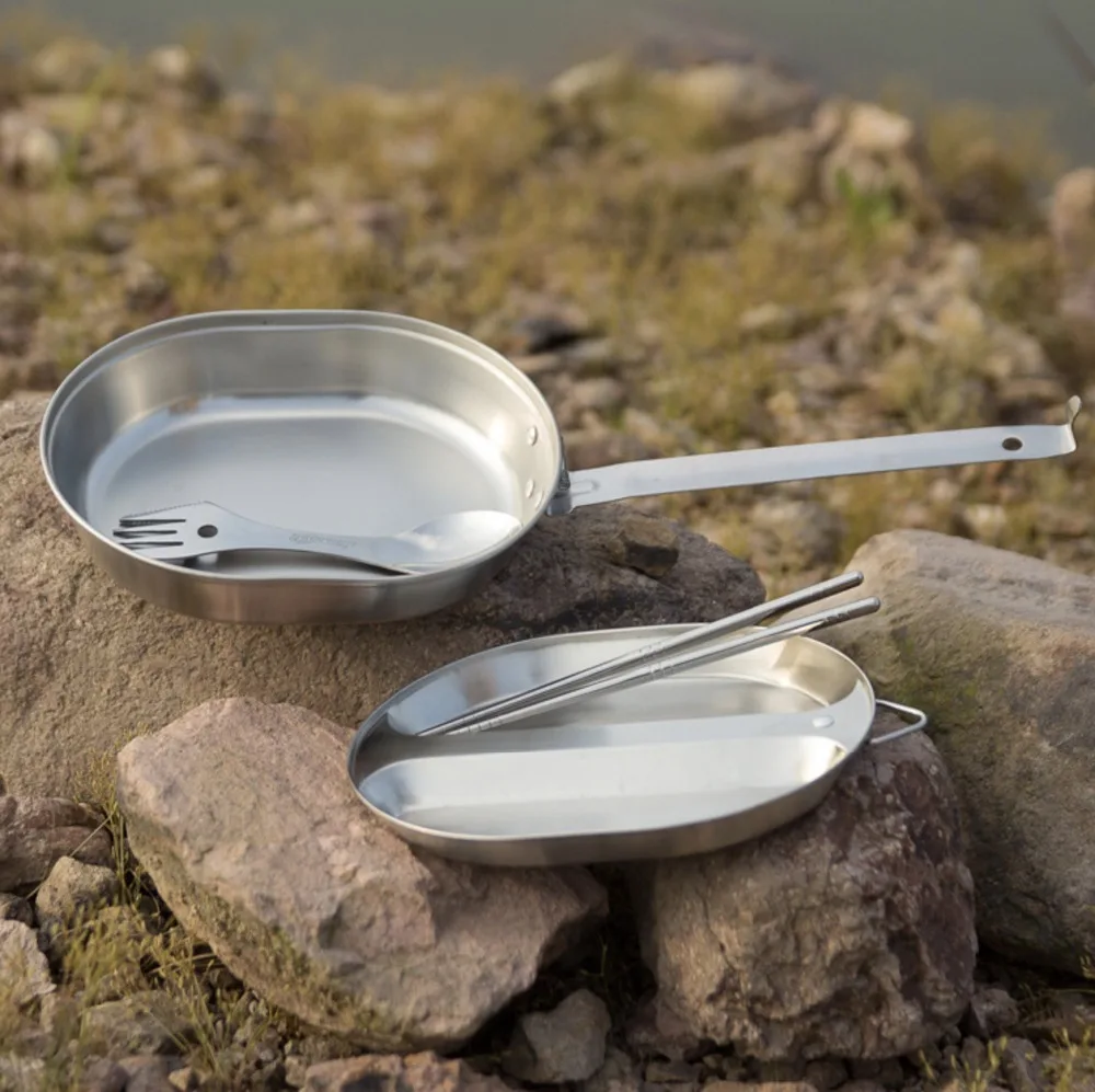 

304 Stainless Steel Mess Kit Camping Mess Kit Outdoor Travel Cookware Military Cooking Pan Cover Metal