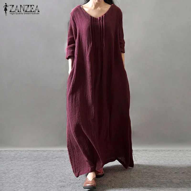 

ZANZEA Women Dress 2021 Autumn V Neck Long Sleeve Floor-length Casual Loose Solid Maxi Long Dress Vestidos S-