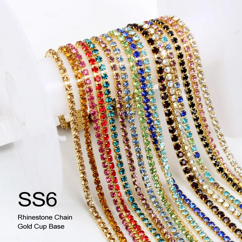 SS6 2 мм 3 ярдов/партия шить на золотой основе Кристалл Стразы цепи DIY плотность