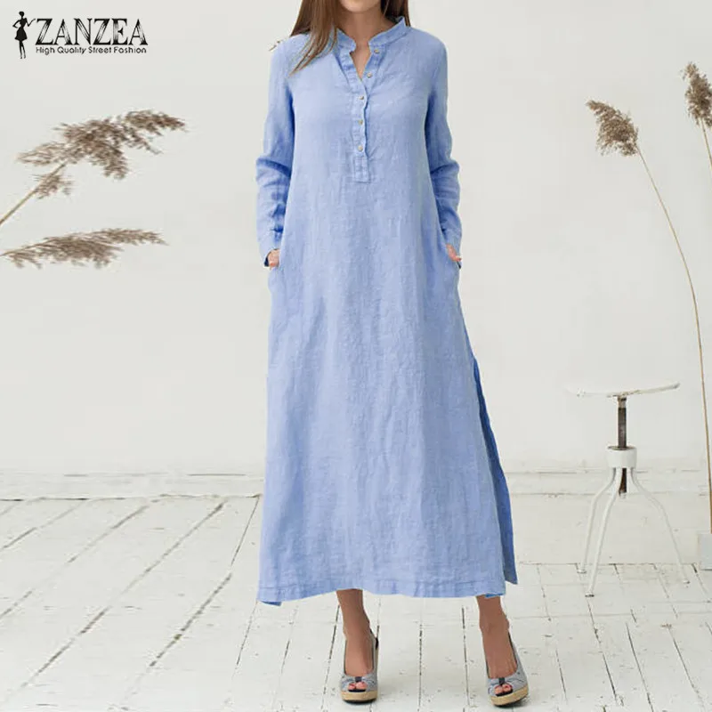 ZANZEA, бренд, женское платье, Осеннее, повседневное, свободное, хлопок, Vestidos, длинный рукав, сексуальное, с разрезом, макси, длинные платья размера плюс