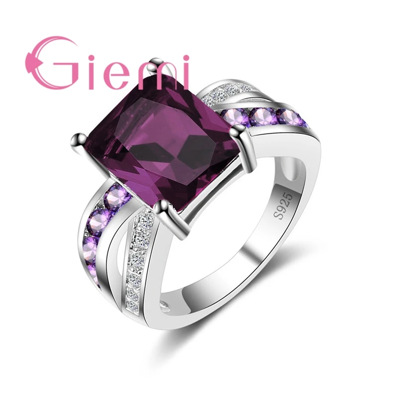 

925 Sterling Silver Jewelry For Wife Charm Square Purple Crystal/White Bar Rhinestone Finger Ring Aliexpress Hot Selling