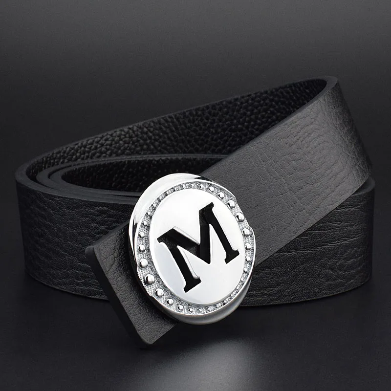 Black Silvery buckle Дизайнерские ремни мужчин высокого качества роскошный коричневый пояс мода пряжки m ремень натуральная кожа поясной ремень мужской теплые джинсы пояс - Цвет: Black Silvery buckle