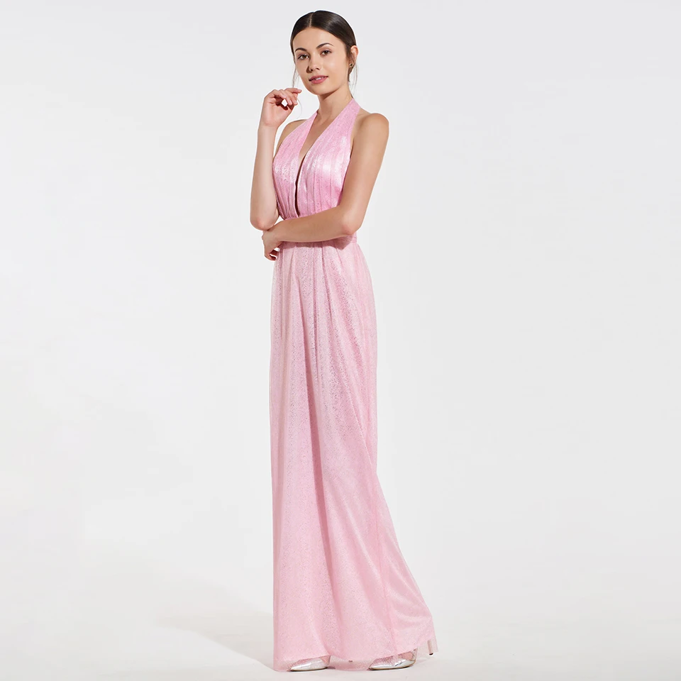 Платье на бретельках элегантный розовый с лямкой через шею трапециевидной формы