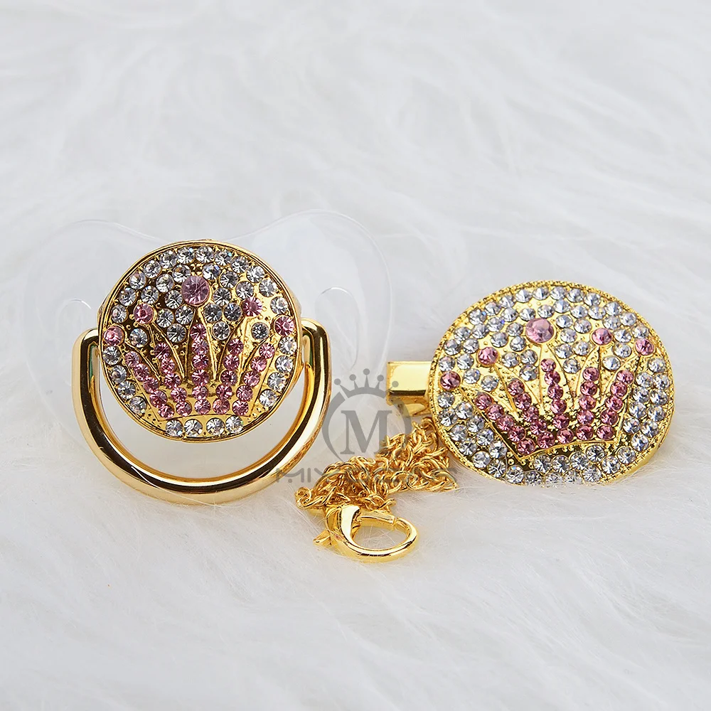 MIYOCAR bling уникальный дизайн Золотая розовая Корона соска и зажим набор BPA бесплатно sgs пройти безопасный для ребенка держатель APCG