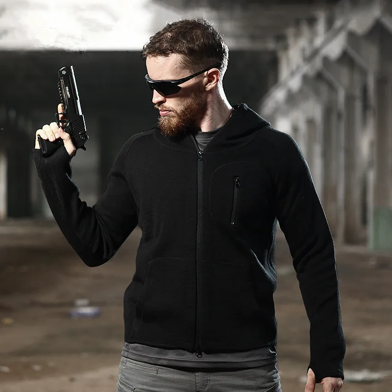 Тактический Бой осень зима Мужская тонкая шерстяная куртка с капюшоном вязаный