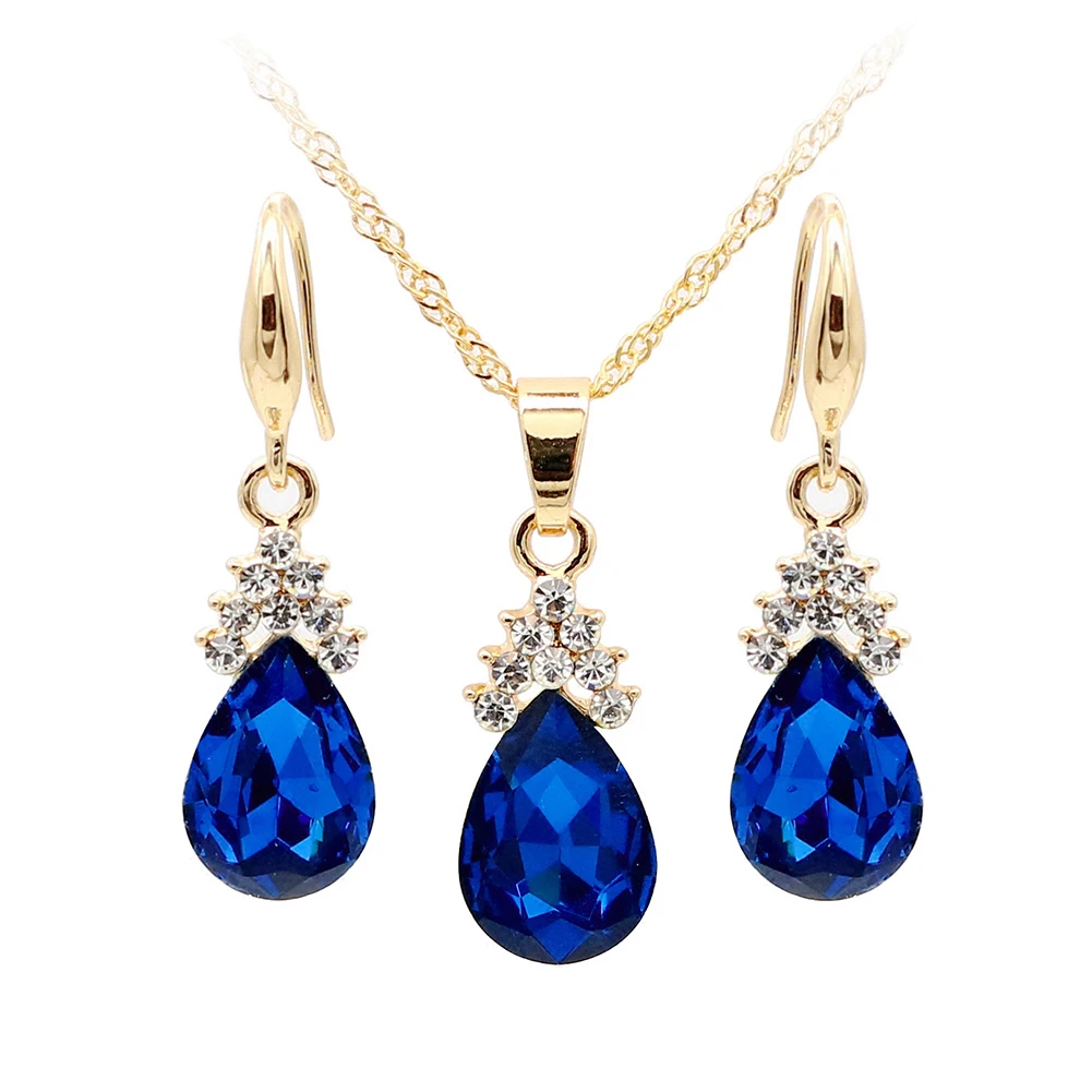 Sapphire Blue Винтажные капли Стразы Женский комплект ювелирных изделий ожерелье, серьги на крючках подвески - Окраска металла: Sapphire Blue