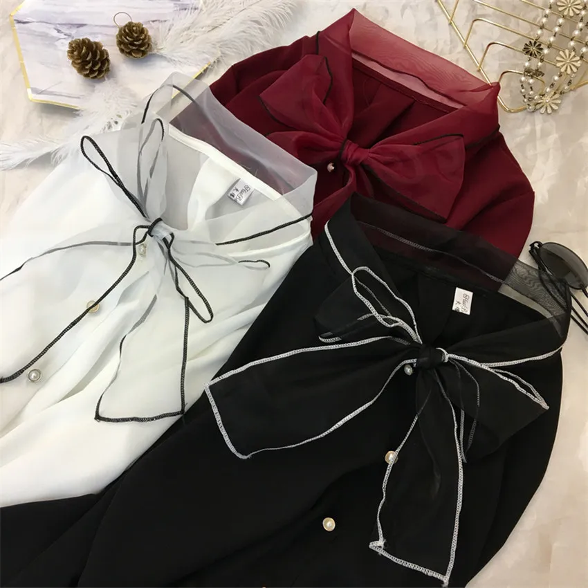 Новинка 2018 модные весенние тонкие женские блузки с галстуком бабочкой белые