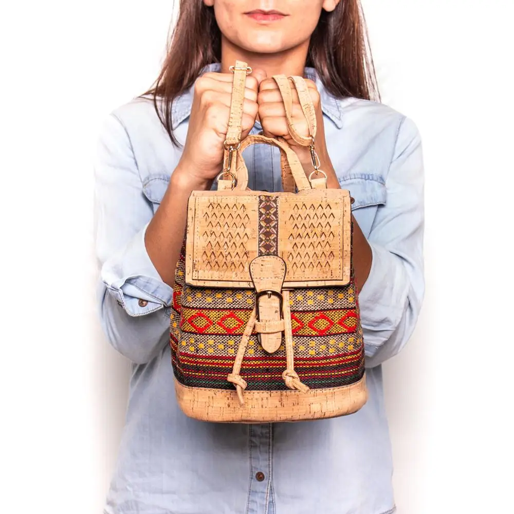 Cork backpack Colorful Textile eco vegan women vintage girls backpack Cotton Bag Casual Backpack Laser Cut Patte cork bag OY-003