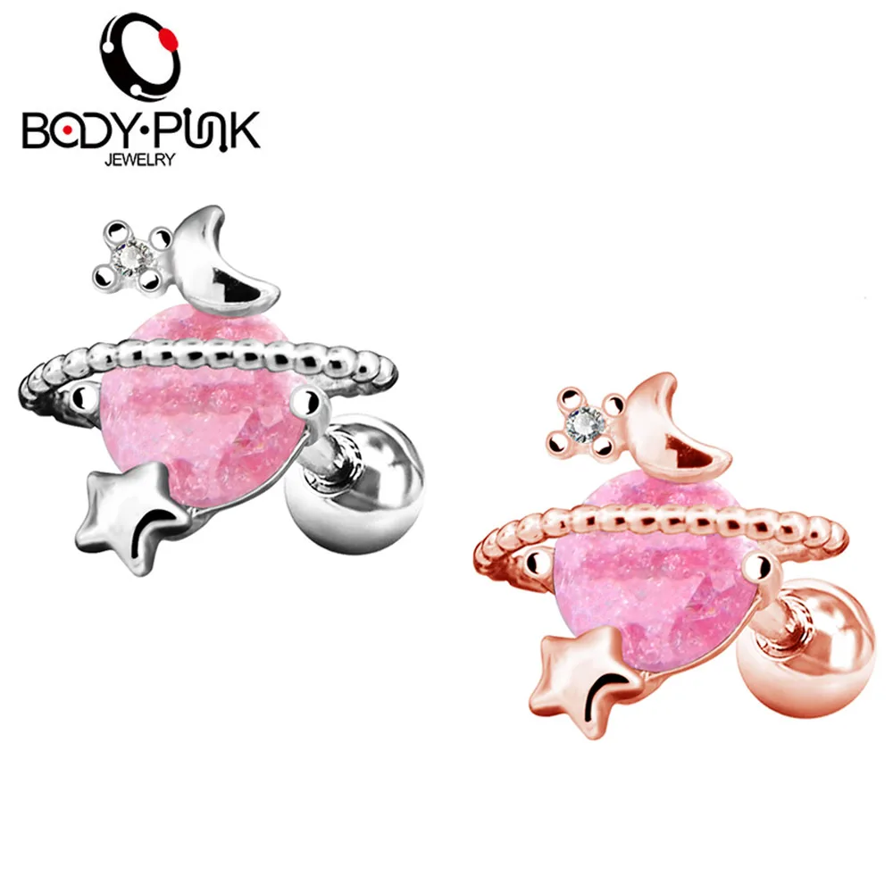 

Body Punk 316L Surgical Steel Cartilage Earring Studs 16G Ball CZ Star Moon Pink Stone Tragus Helix Hoop Ear Piercing for Women