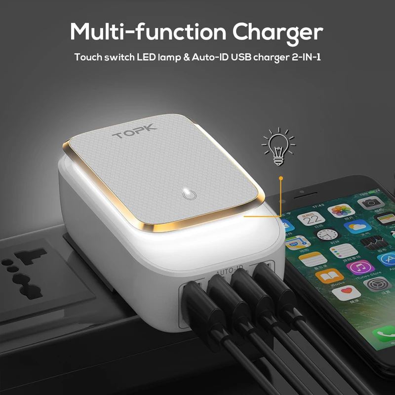 TOPK L-Мощность 4-Порты и разъёмы EU/US/UK/AU разъем 22W USB Зарядное устройство светодиодный светильник авто-ID заграничного паспорта сетевой адаптер Универсальный мобильный телефон Зарядное устройство