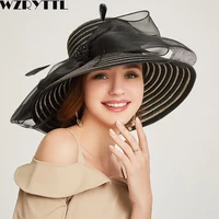 2019 women floppy summer hat elegant fancy feather bow wide brim sun hat organza kentucky derby wedding hat ladies occasion hats