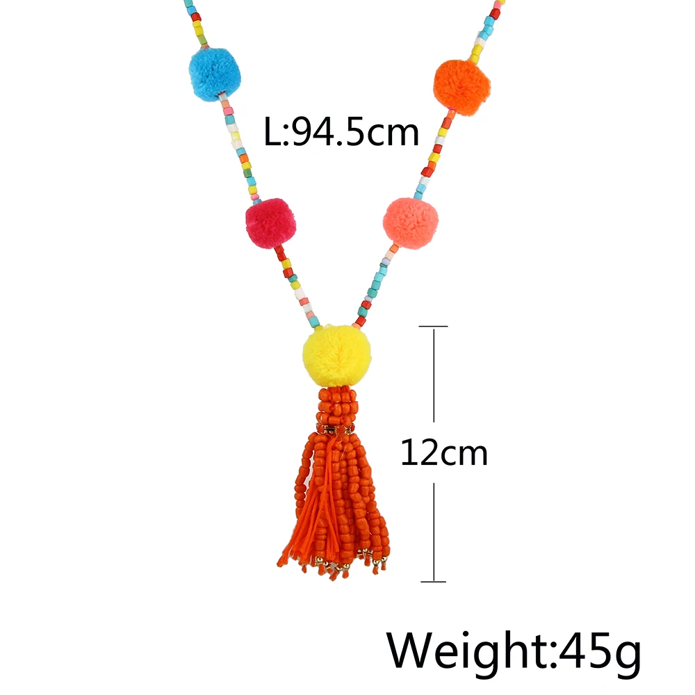 

Lureme Bohemian Handmade Colorful Pom Pom Long Beaded Chain Tassel Necklace for Women Girl (nl005629)
