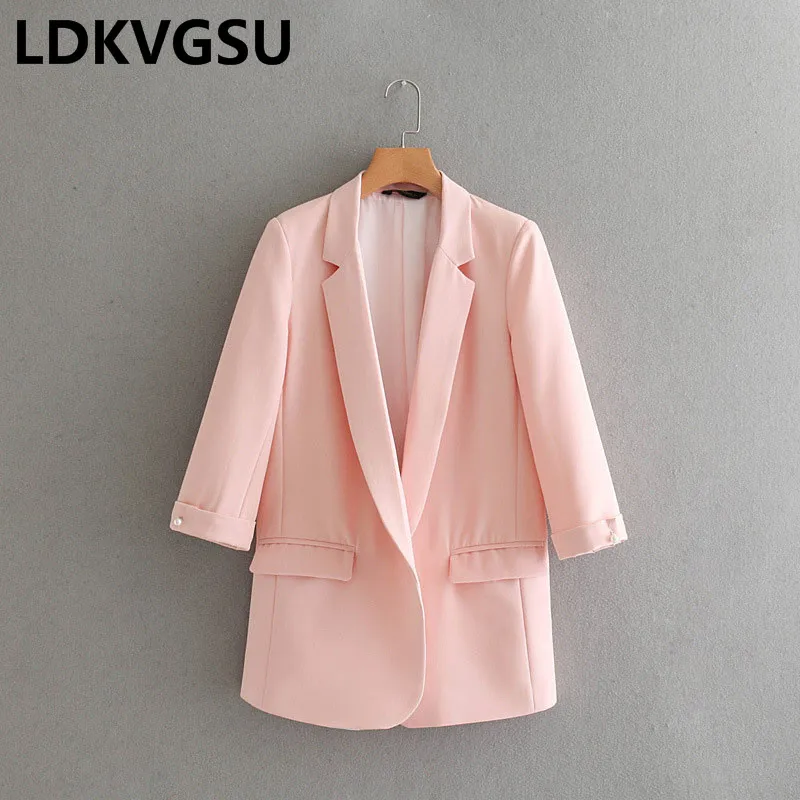

Spring Autumn 2018 New Suit Jacket Large Size Women's Coat Three Quarter Sleeve Pockets Pink Female Casual Blazer Coat Is384