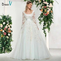 dressv elegant ivory square neck long sleeves appliques ball gown wedding dress floor length simple bridal gowns wedding dress