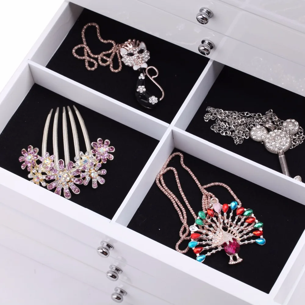Новые большие белые деревянные коробки для ювелирных изделий черные ювелирные изделия глянцевый Органайзер стеклянный верх розовый шкаф ожерелья кольца чехол для хранения 15
