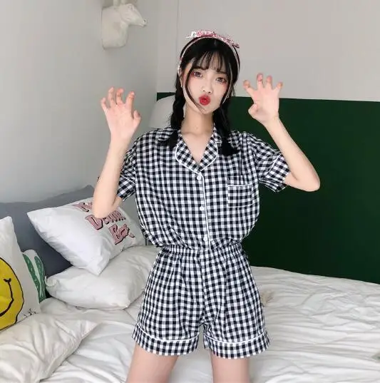 Пижамный комплект женский клетчатый с коротким рукавом летняя | Женская одежда