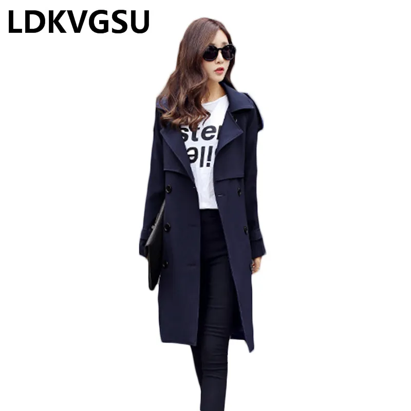 Женский двубортный Тренч с поясом облегающая Длинная ветровка отложным