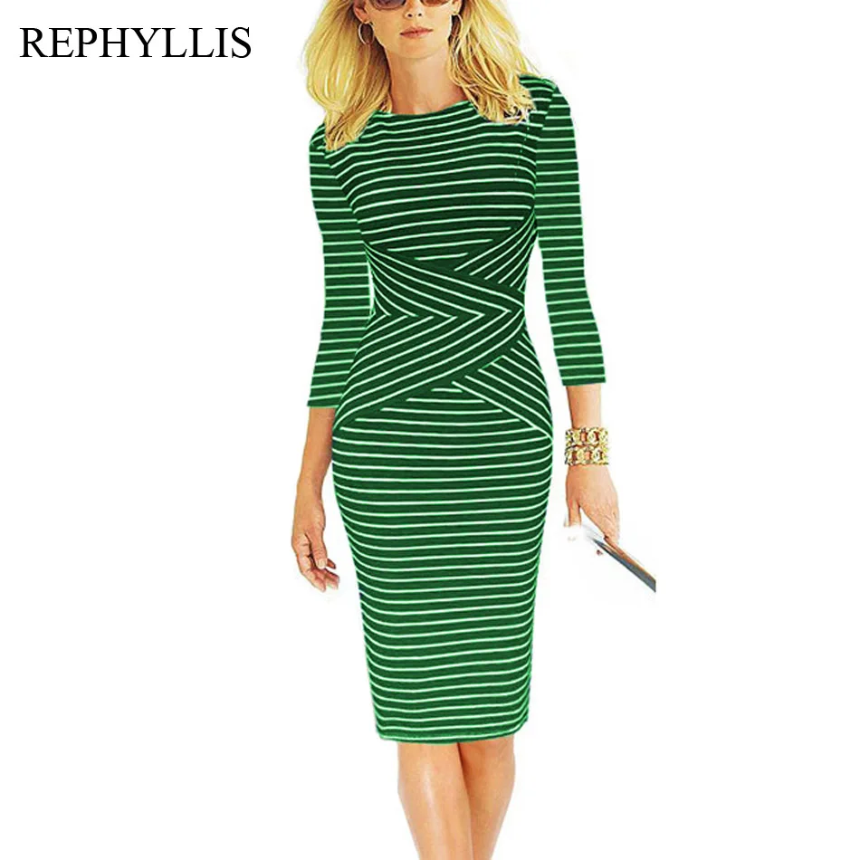 Green Strips REPHYLLIS, женское Полосатое летнее платье с рукавом 3/4, для работы, бизнес, коктейльное, вечерние, для офиса, повседневное, облегающее, сексуальное платье - Цвет: Green Strips