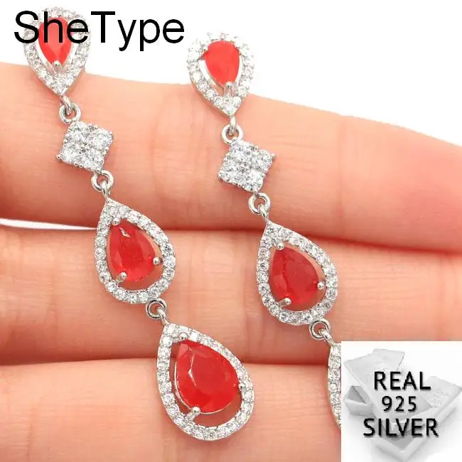 6.2g Romantic Long Real Red Ruby CZ Gift For Girls CZ 925 Solid Sterling Silver Earrings 55x10mm