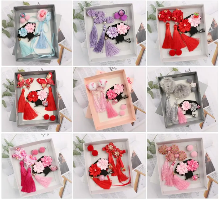 5~6pcs/pack-Chinese Retro Princess Style Children's Hair Gift Box Set Of Rabbit Ball Clip Girl's Accessories | Аксессуары для