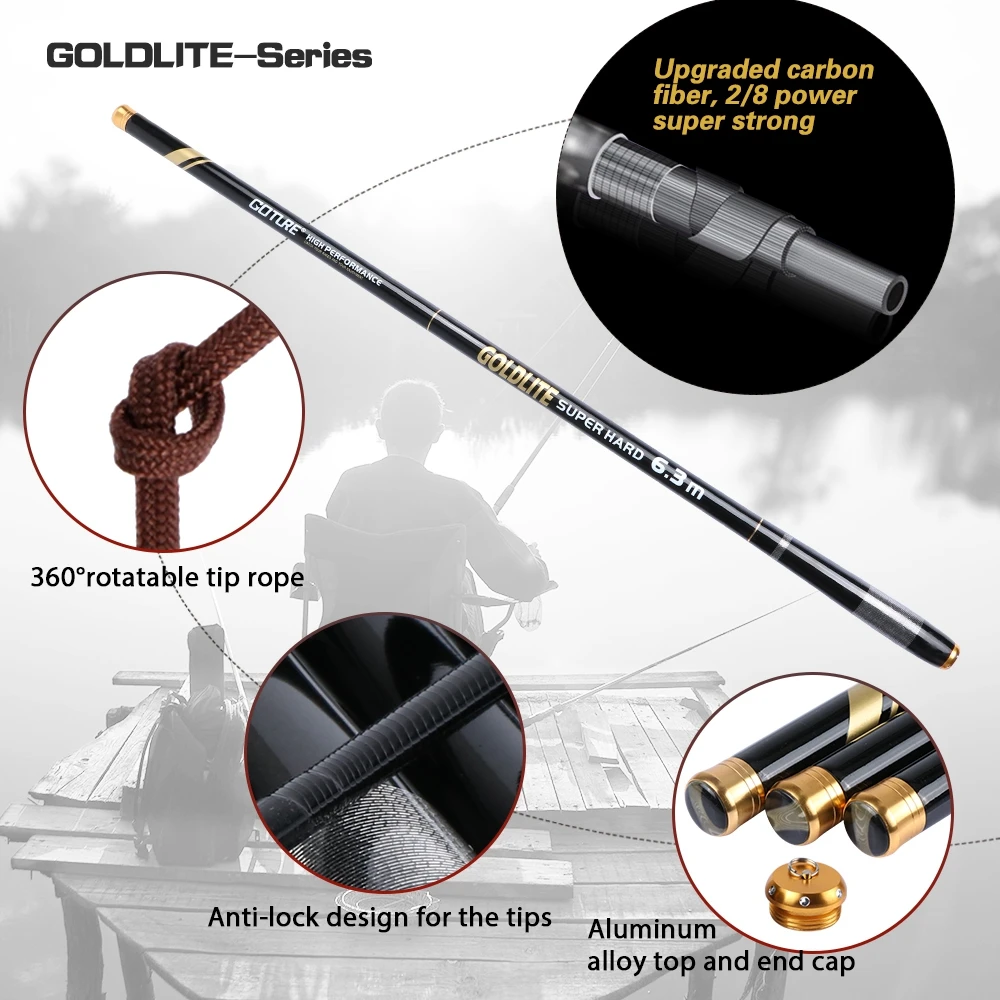 Фото КАРПОВАЯ рыболовная удочка Goture GOLDLITE, высокоуглеродистая телескопическая, подходит для ловли карпа, 3,6 М 4,5 М 5,4 м 6,3 м для озера и потока, 2:8 №3