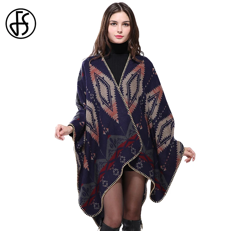 

FS Fashion Print Blanket Cashmere Scarf Women Thick Poncho Cape Cardigan Winter Warm Luxury Brand Wool Scarves Shawls Pashmina