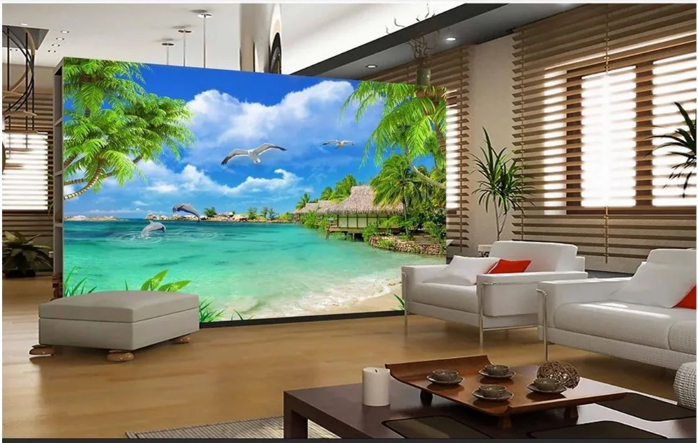 Custom 3d photo Wallpaper murals Mediterranean HD tree seaside landscape mural background wall decorative painting living room |