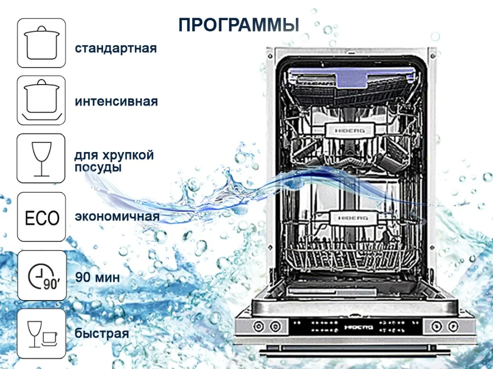 Посудомоечная машина Hiberg I46 1030 встраиваемая, 3 корзины, 10 комплектов посуды, Класс А+, Расход воды за цикл 9 литров, 6 программ