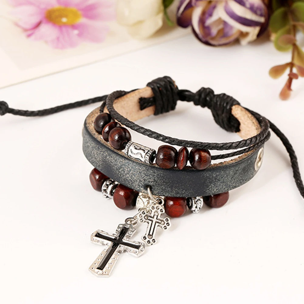 Винтаж крест кулон Многослойные Бусины Искусственная кожа кос браслет |