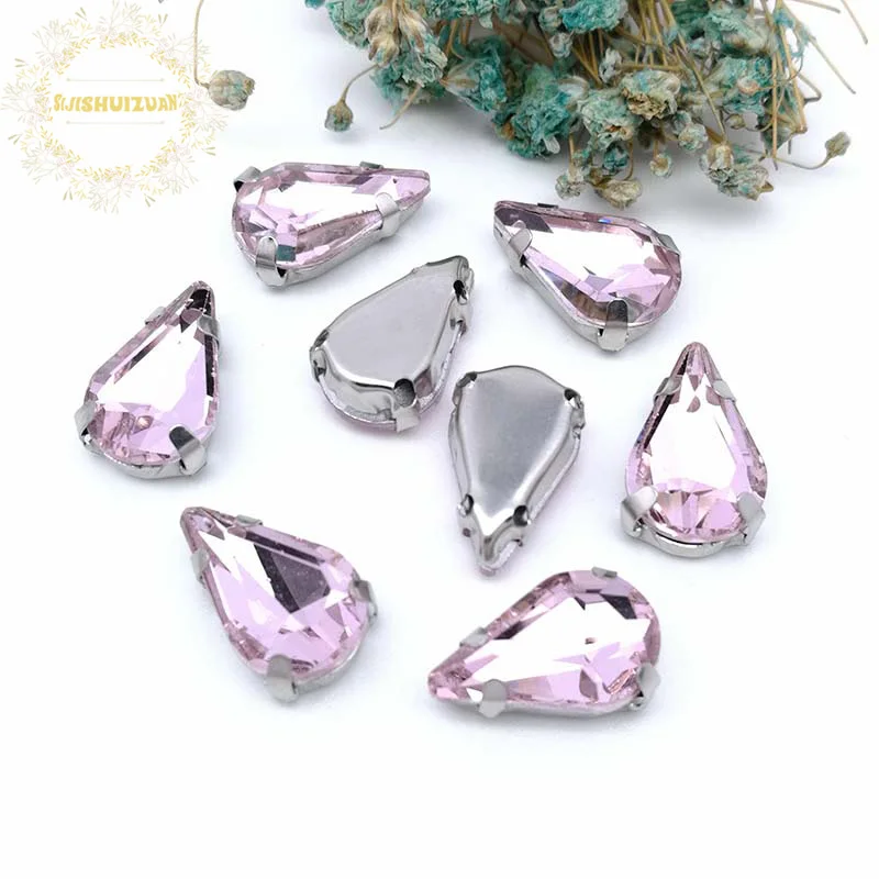 Free shipping! pink Water drop shape Glass Crystal sew on rhinestones with claw Diy Clothing accessories 8*13mm 5*8mm 6*10mm | Дом и сад