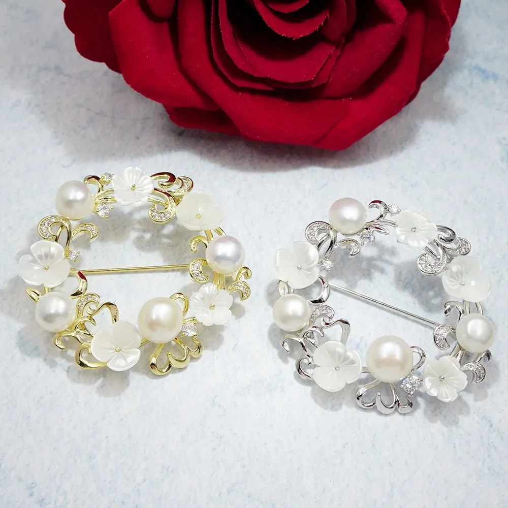 Romantic Zircon Flower Brooch Safety Pins Fashion Jewelry Shell Freshwater Pearl Brooches for Women Girls Wedding Gift | Украшения и