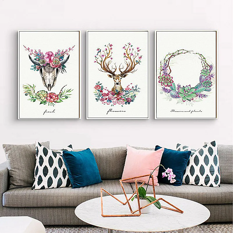 SD LINLEEHON Nordic Elk Watercolor Bird Flower and Deer Dialogue Illustration Canvas Print Painting Posters Art Wall Pictures | Дом и сад
