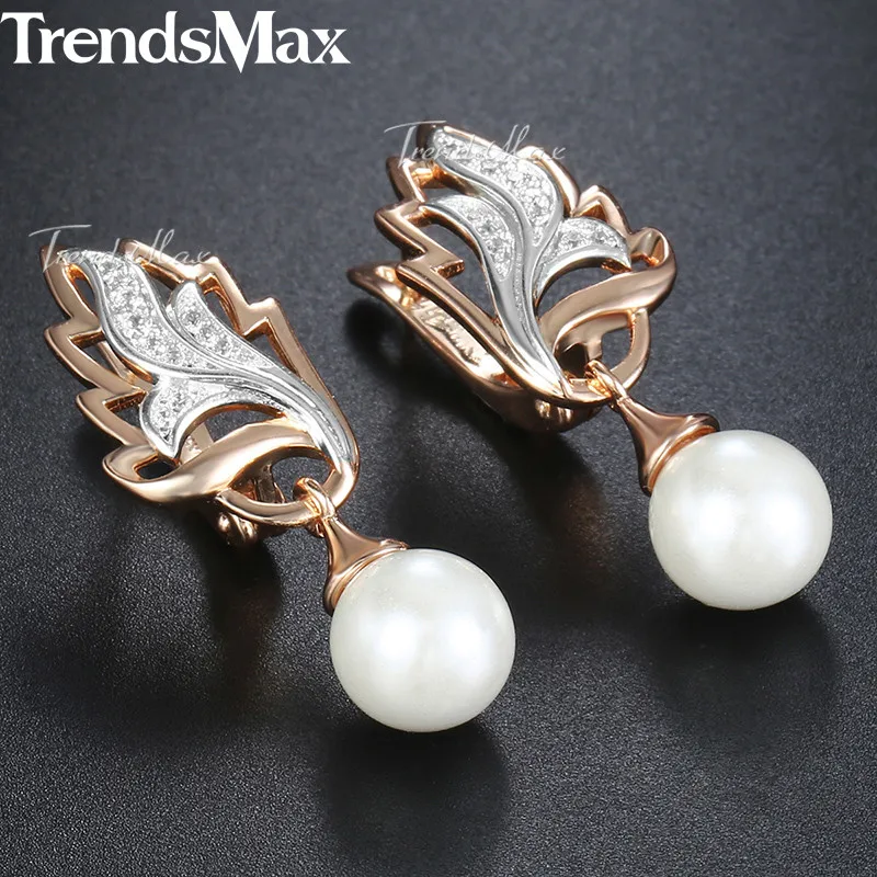 Серьги-подвески женские из розового золота 585 пробы с жемчугом и фианитами KGE114 |