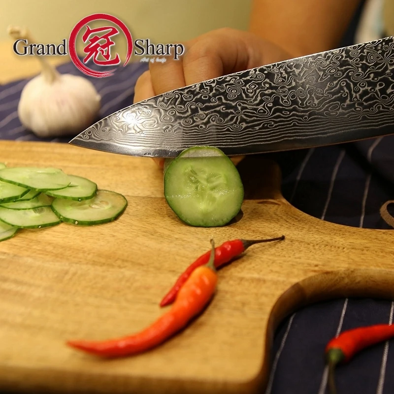 Нож кухонный vg10 из дамасской стали с деревянной ручкой - Фото №1