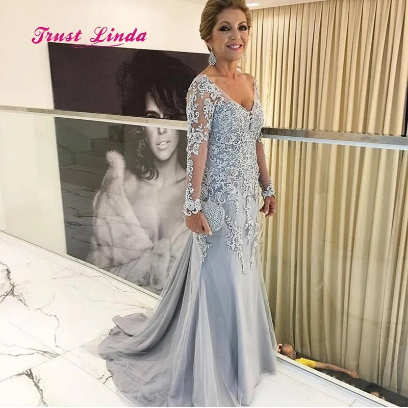 light blue Платья с длинными рукавами для матери невесты, платья размера плюс с v-образным вырезом для матери невесты, свадебное платье для вечеринки, Robes De Bal Mariage - Цвет: light blue